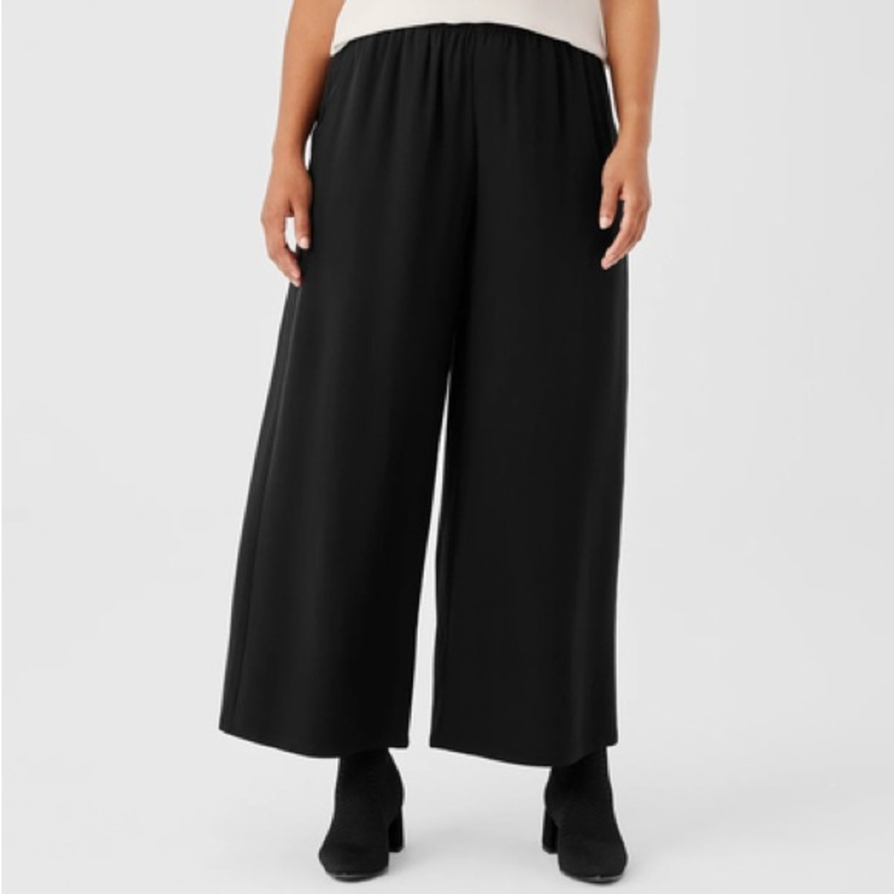 Eileen Fisher Elasticized Waist Silk Cropped Wide Leg Pants in Black